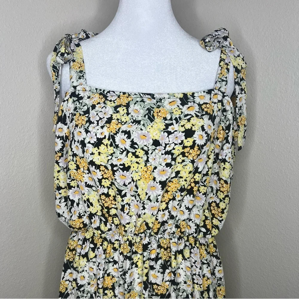 Social Standard by Sanctuary Black Yellow Floral Shoulder Tie Smocked Midi Dress - Picture 5 of 13